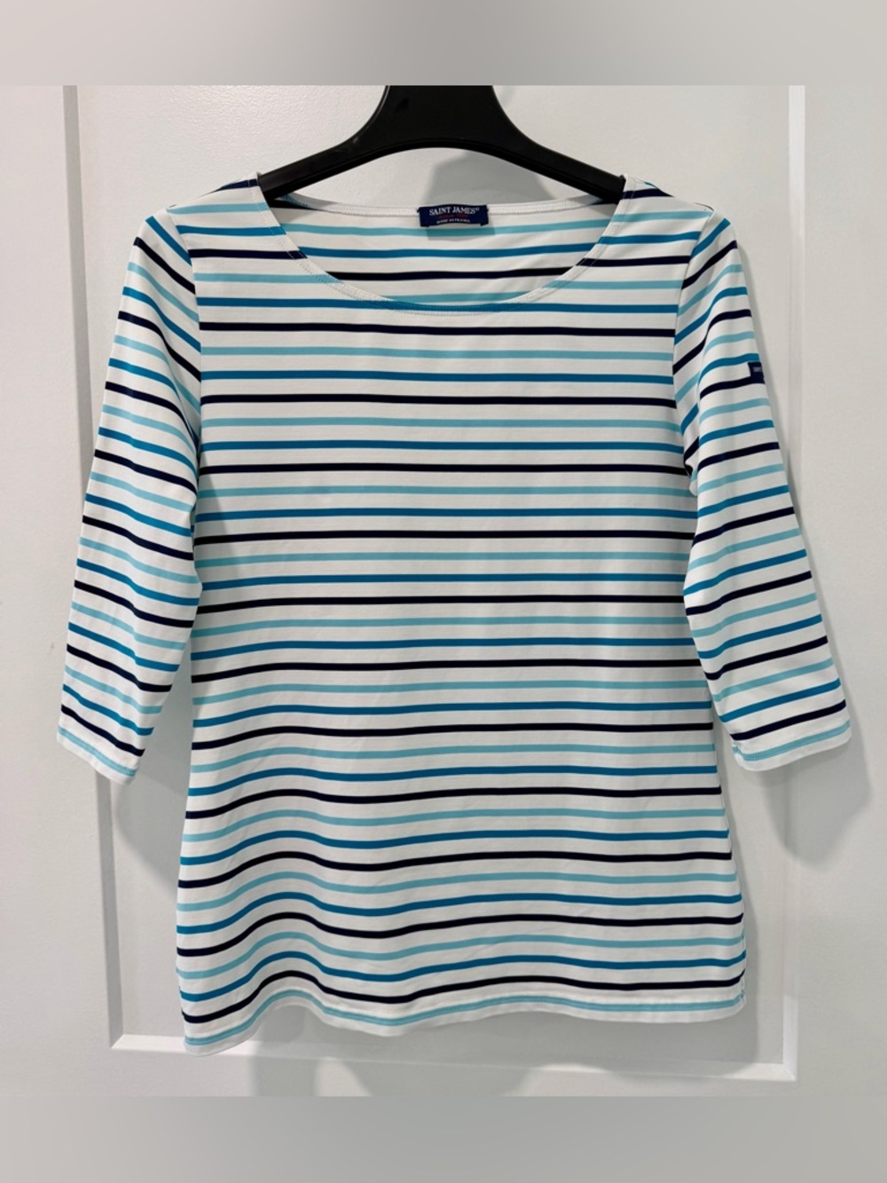 SAINT JAMES Breton Stretch White Blue Stripe 3/4 Sleeves UV Nautical Top (Sz 10) - Picture 12 of 12